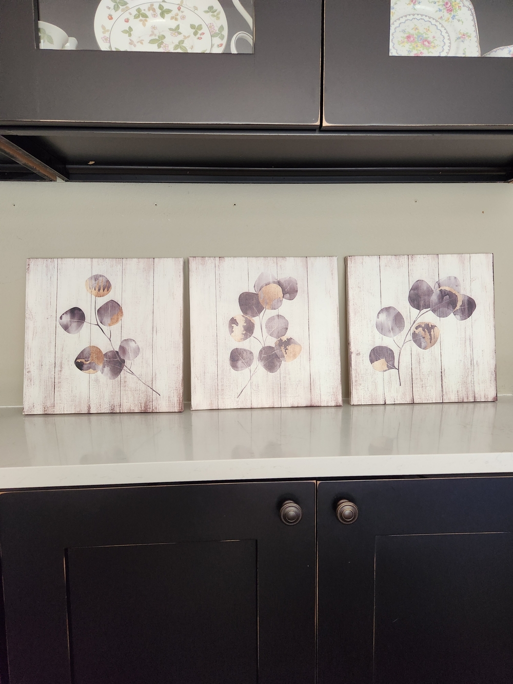 Set of 3 Botanical Wall Art Prints - Neutral Gray & Gold 12" X 12" Canvas